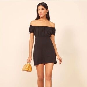 Reformation Black Echo Off-Shoulder Mini Dress Size Small Excellent Condition